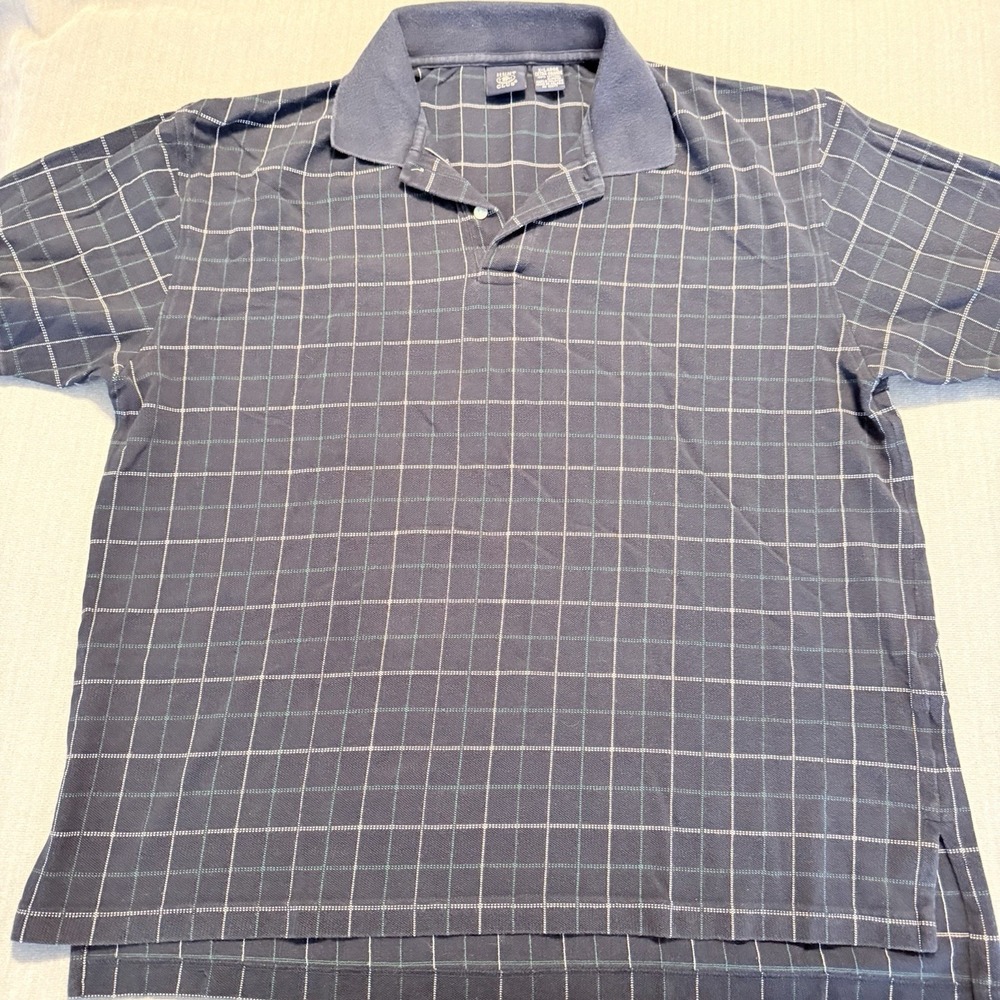 Vintage Hunt Club Mens XL Polo Shirt Navy Green Plaid 100% Cotton 90s Preppy